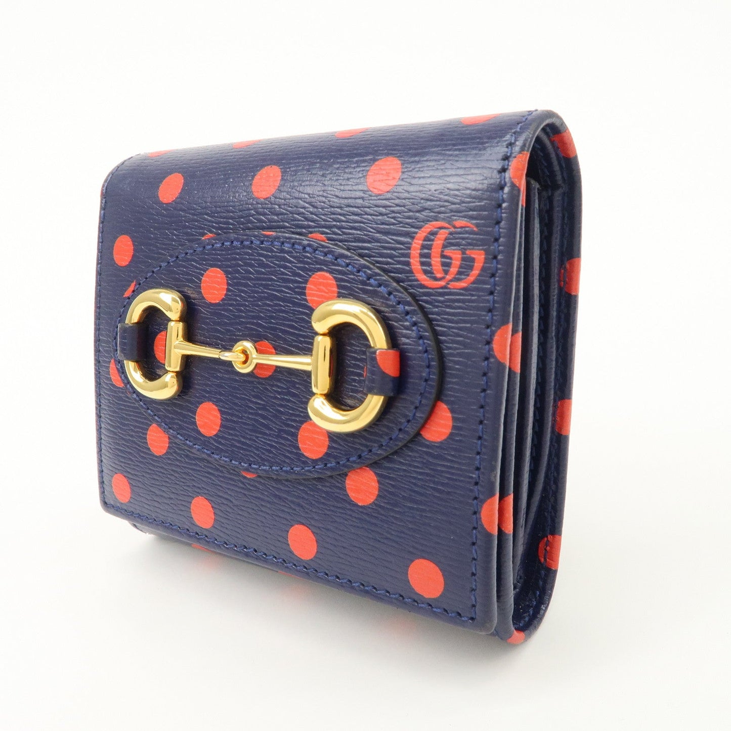 GUCCI Horsebit Dots Pattern Leather Bi-fold Wallet Navy Red 621891  d