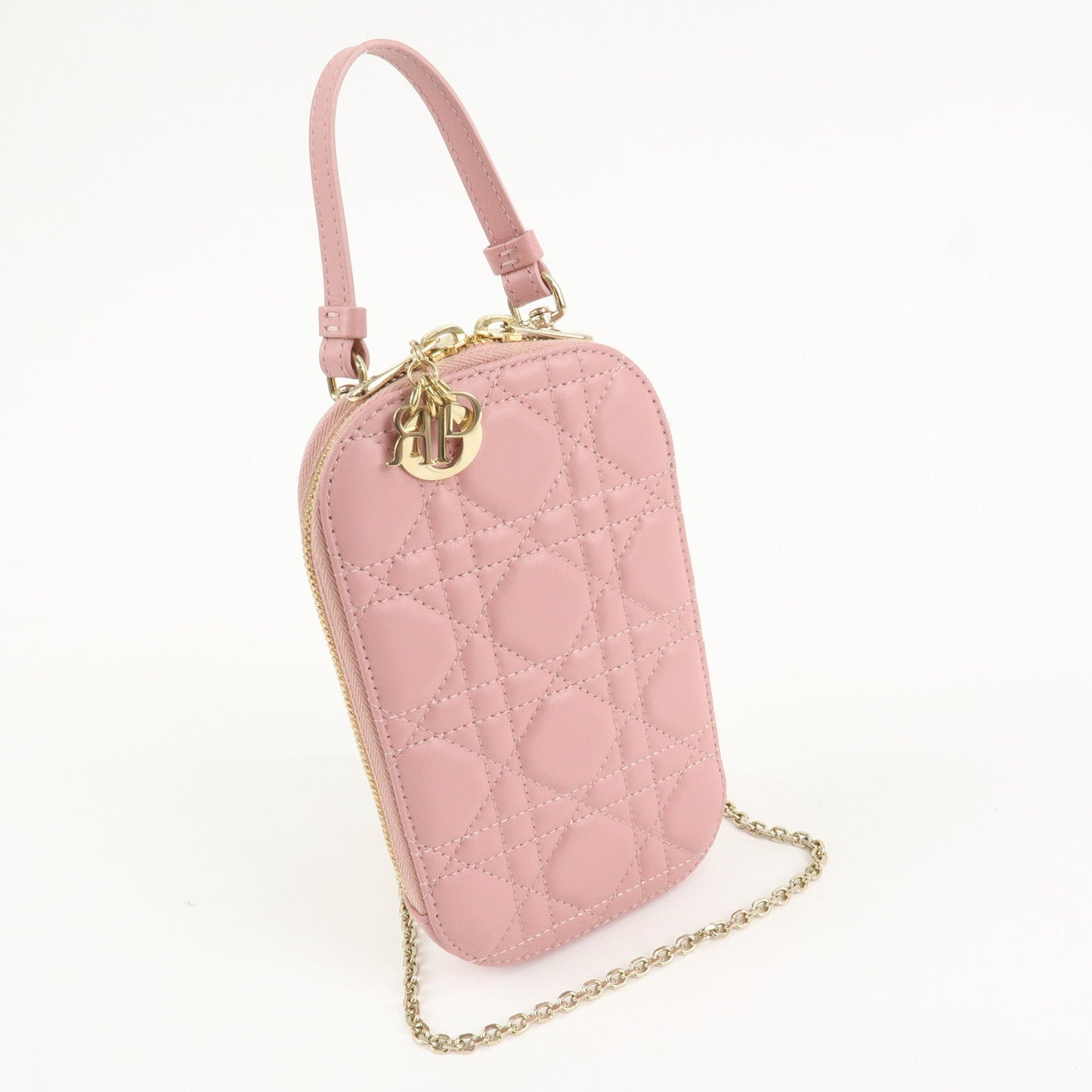 Christian Dior Cannage Leather Phone Holder Shoulder Bag Pink  d