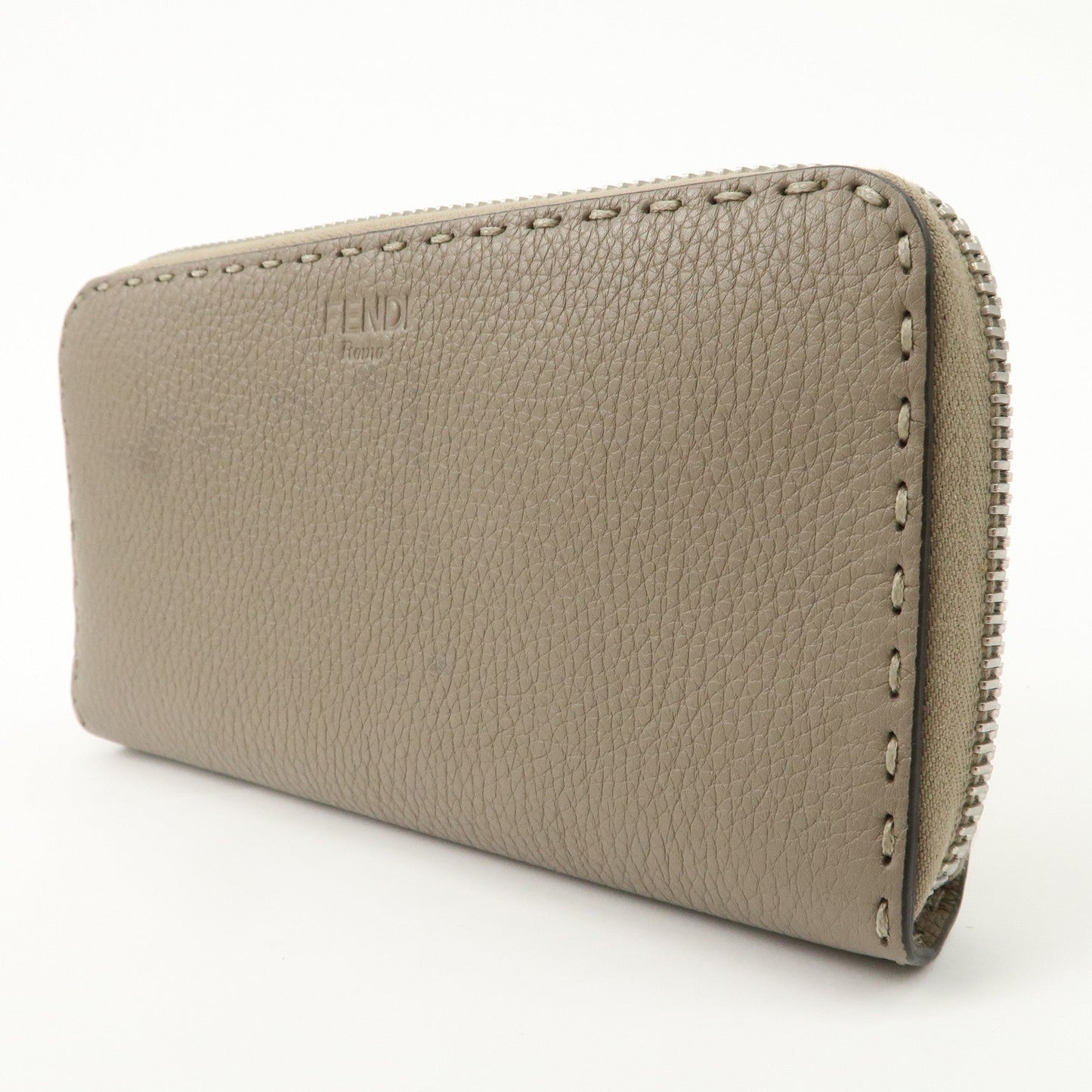 FENDI Selleria Leather Zip Around Long Wallet Greige 8M0374  d