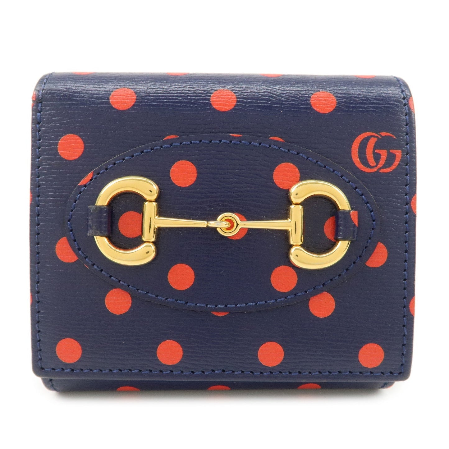 GUCCI Horsebit Dots Pattern Leather Bi-fold Wallet Navy Red 621891  d