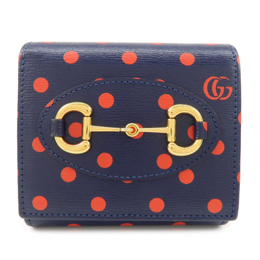 GUCCI Horsebit Dots Pattern Leather Bi-fold Wallet Navy Red 621891  d