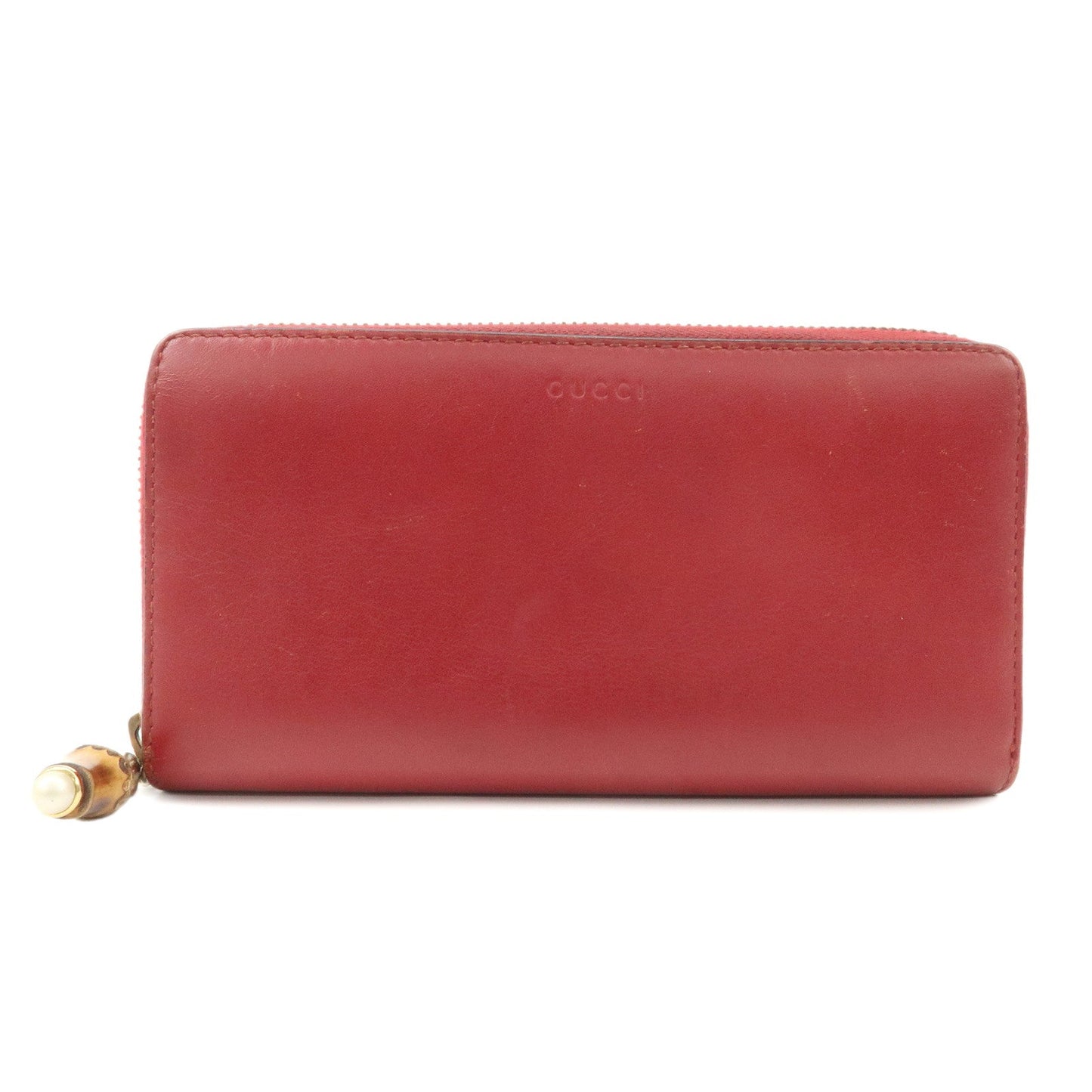 GUCCI Bamboo Leather Round Zippy Wallet Long Wallet Red  d