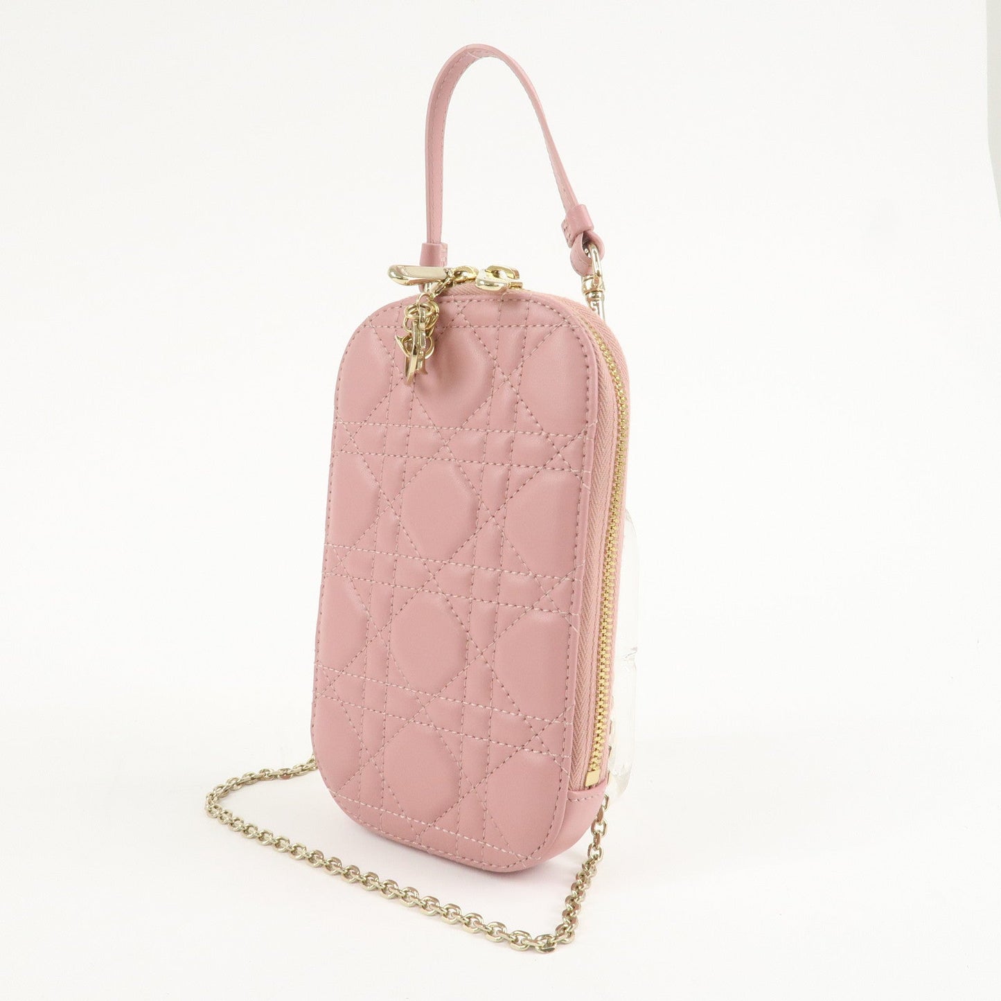 Christian Dior Cannage Leather Phone Holder Shoulder Bag Pink  d