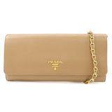 PRADA Logo Leather Chain Wallet WOC Beige Gold Hardware 1MT290  d