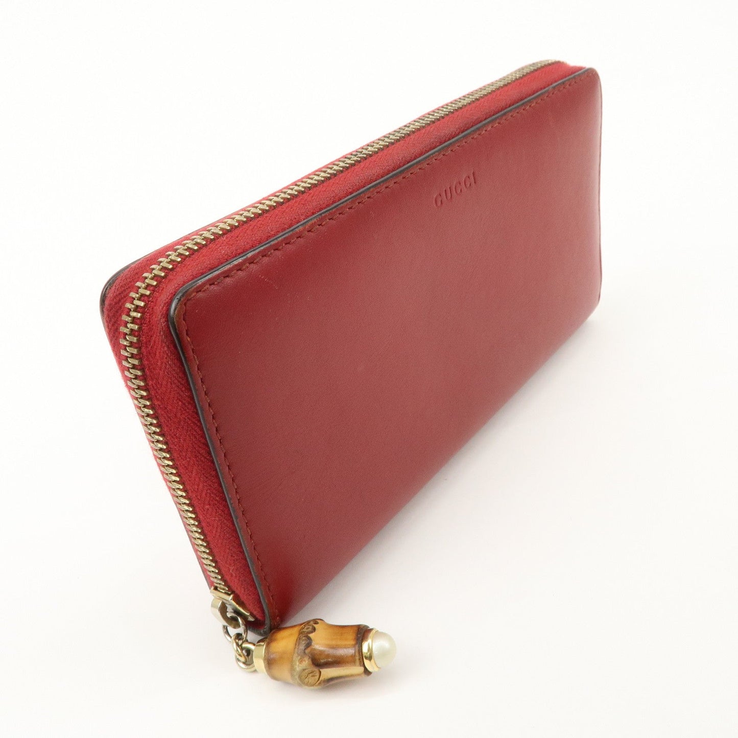 GUCCI Bamboo Leather Round Zippy Wallet Long Wallet Red  d