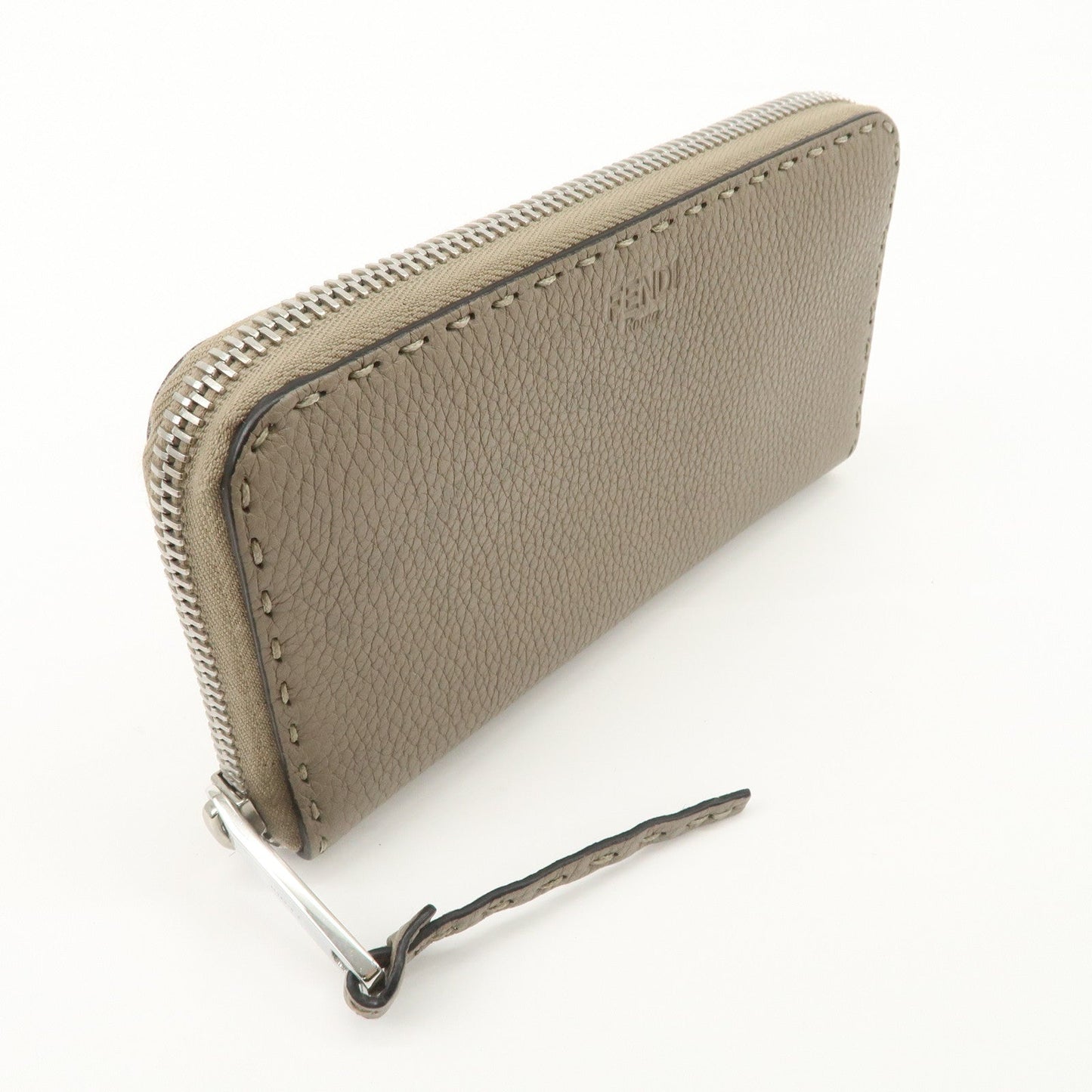 FENDI Selleria Leather Zip Around Long Wallet Greige 8M0374  d