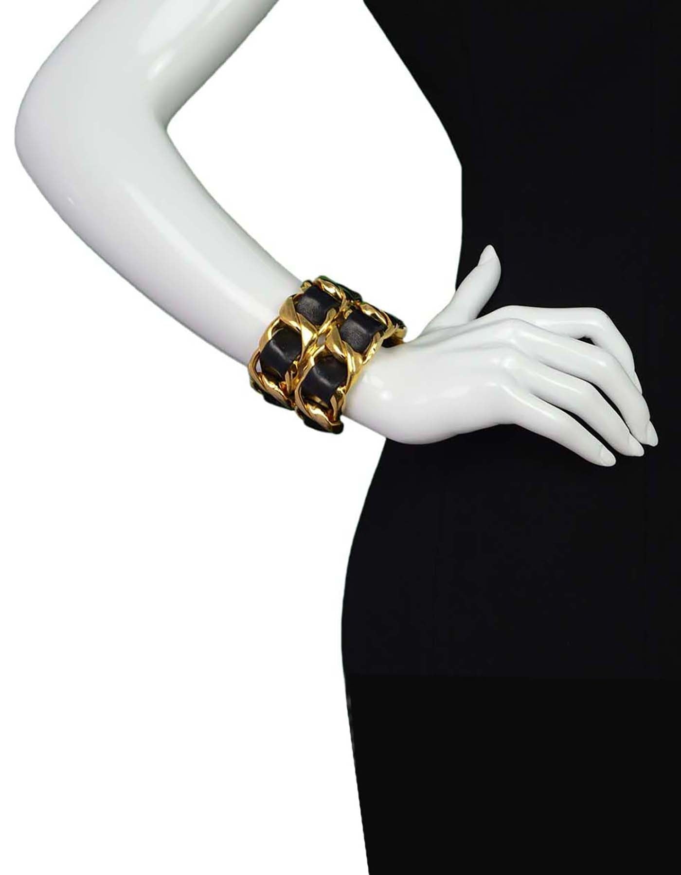 Chanel   Black/Gold Wide Leather Laced Cuff Bracelet