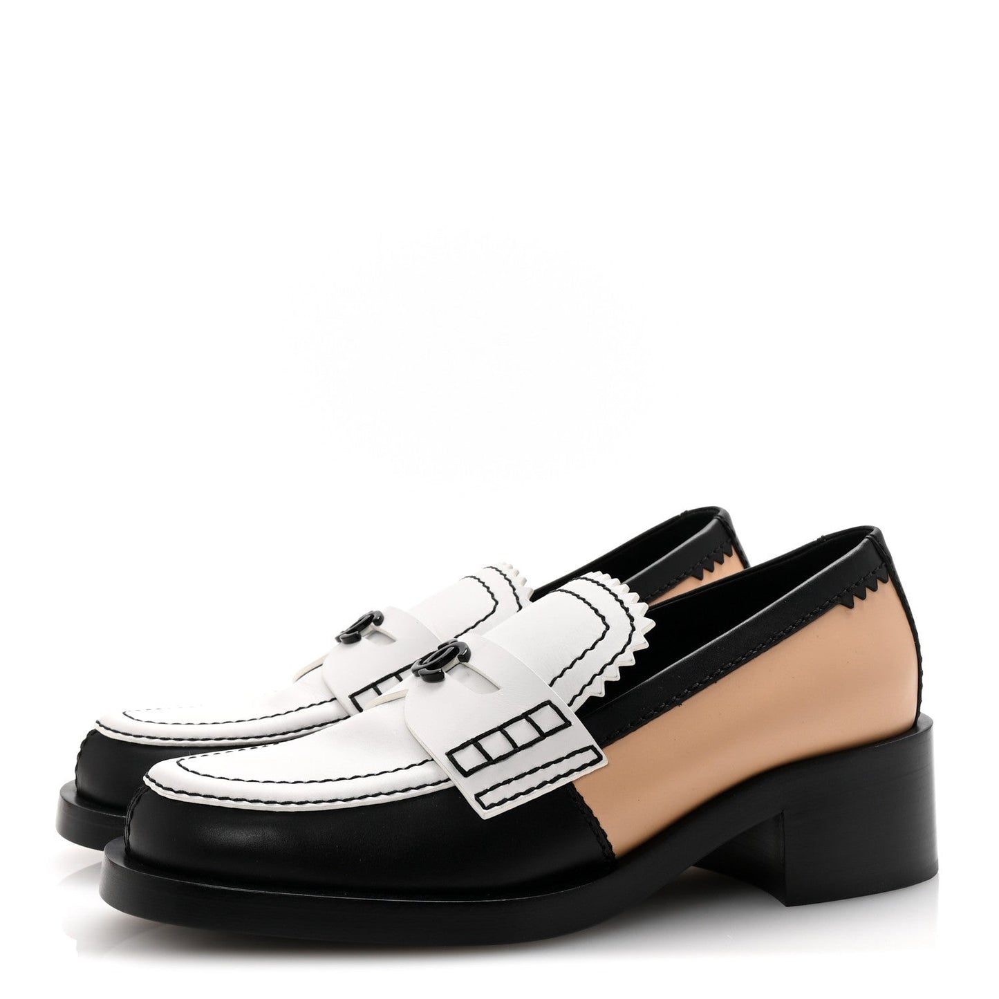 Amelia Calfskin CC Loafers 38 Black White Beige