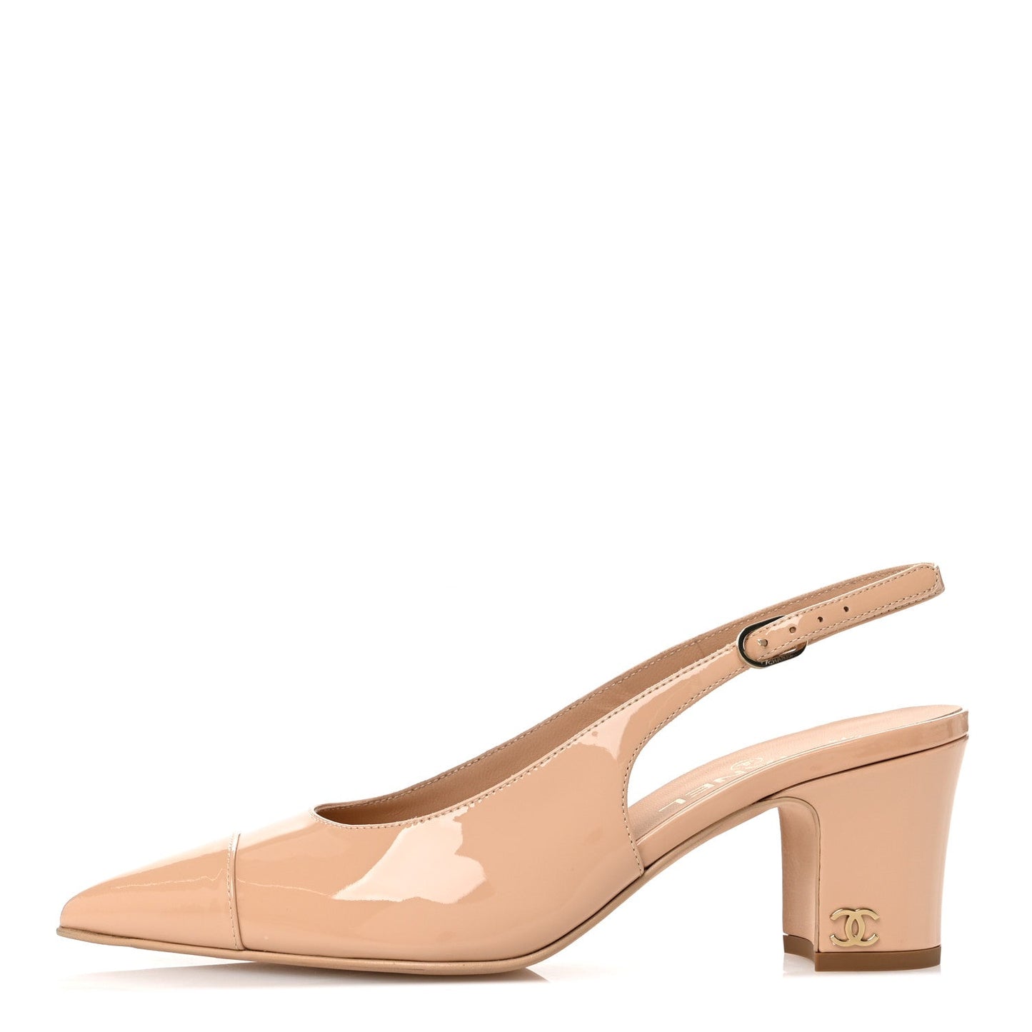 Amelia Patent Calfskin Cap Toe CC Slingback Pumps 38 Beige