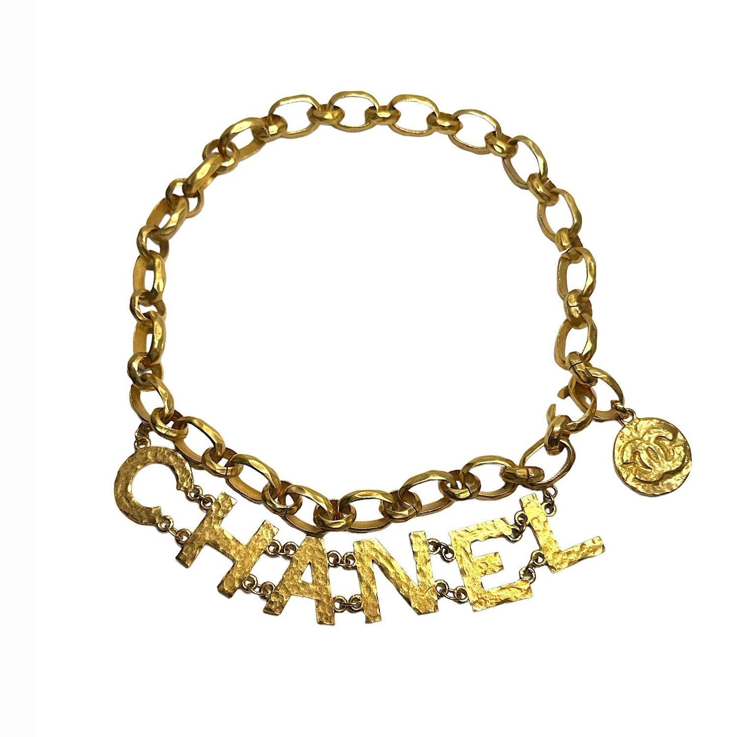 Chanel 1993   Gold Tone Hammered Metal Chain Letters Belt