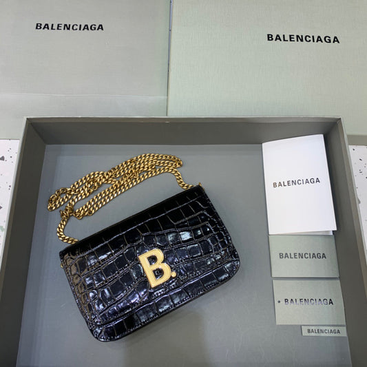 BLN-Ciaga Croc Embossed Patent B Bag With Chain In Black, For Women,  Bags 7.9in/20Amelia