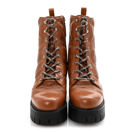 Amelia Cordovan Lux Nappa GG Matelasse Lace Up 60mm Combat Boots 37.5 Dark Hazel Brown