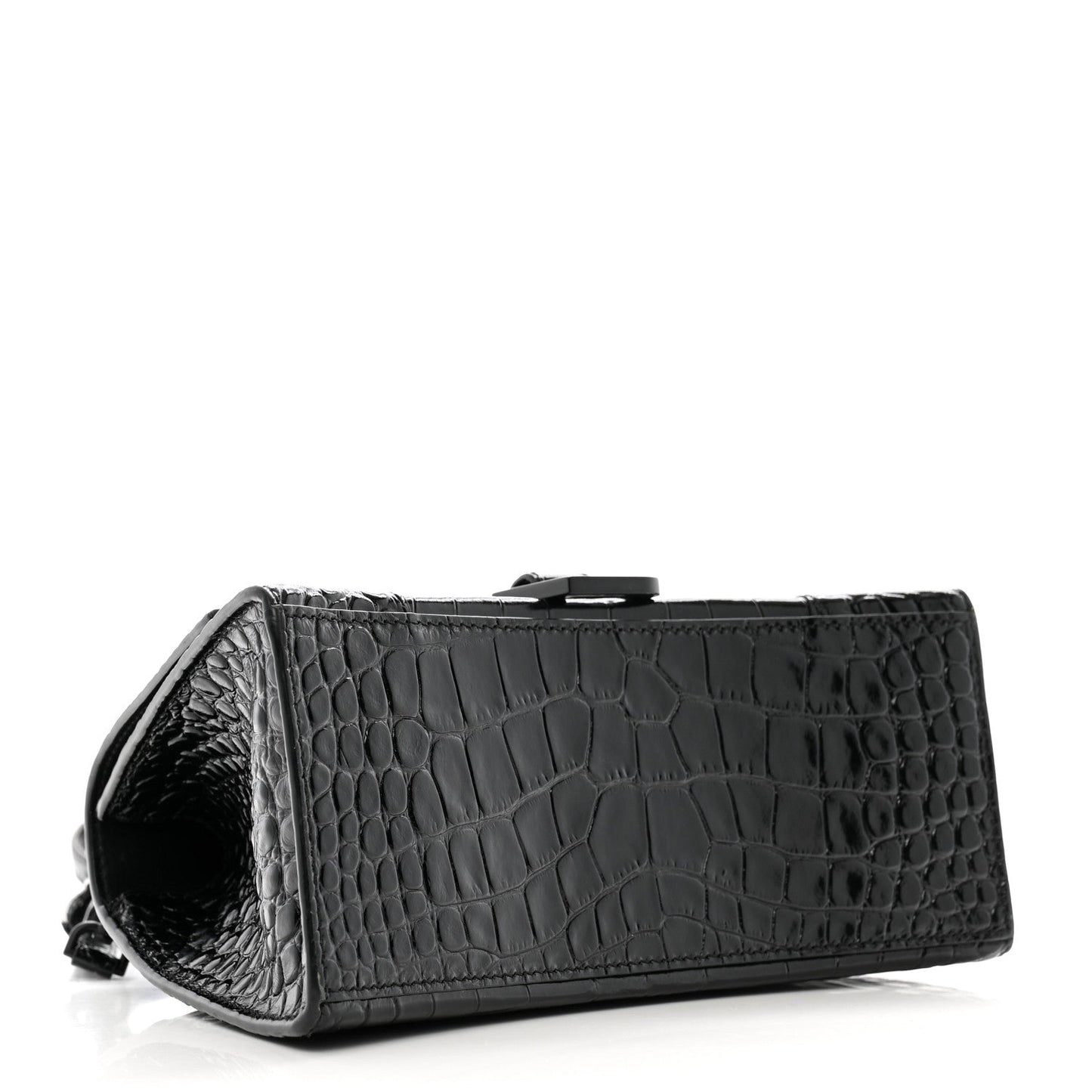 Balenciaga Shiny Calfskin Monochrome Crocodile Embossed Small Hourglass Top Handle Bag Black