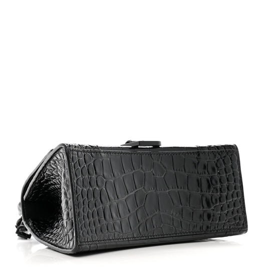 Balenciaga Shiny Calfskin Monochrome Crocodile Embossed Small Hourglass Top Handle Bag Black