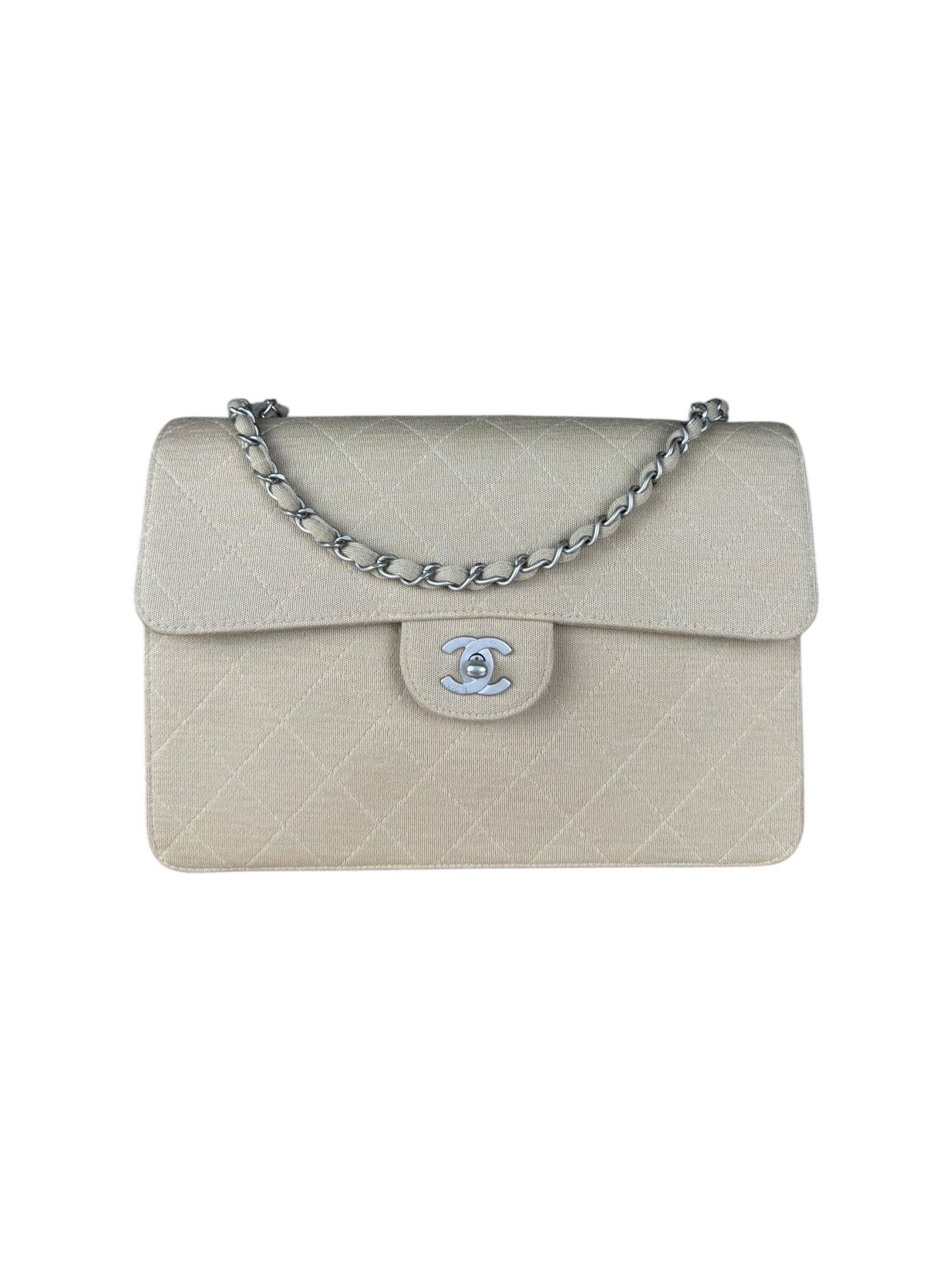 Chanel Beige Quilted Canvas Chain Flap Bag 1998