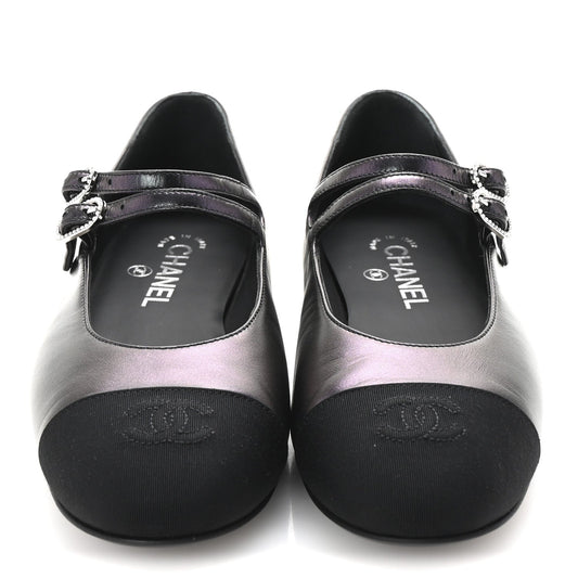 Amelia Lambskin Grosgrain Pearl Mary Jane Flats 38.5 Black