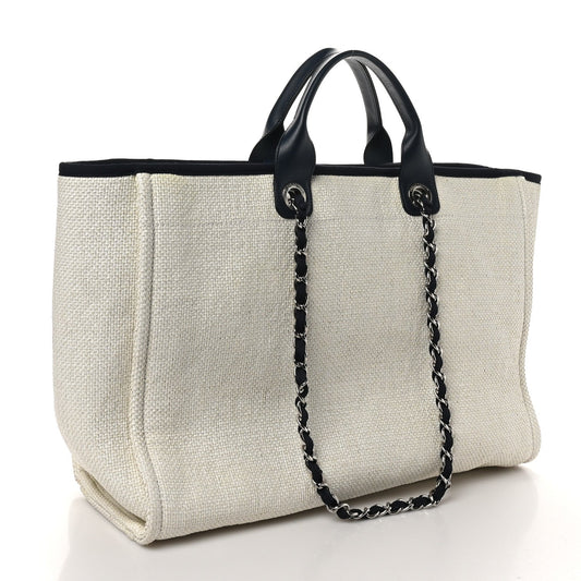 Amelia Woven Straw Raffia Extra Large Deauville Tote White Navy