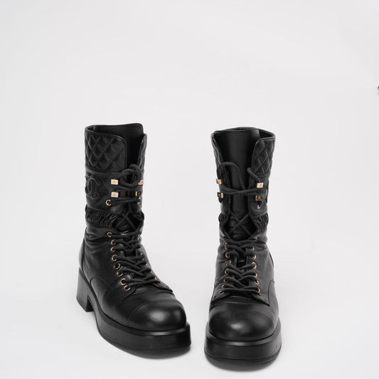 Chanel Black Lace Up Combat Boots Lambskin 39