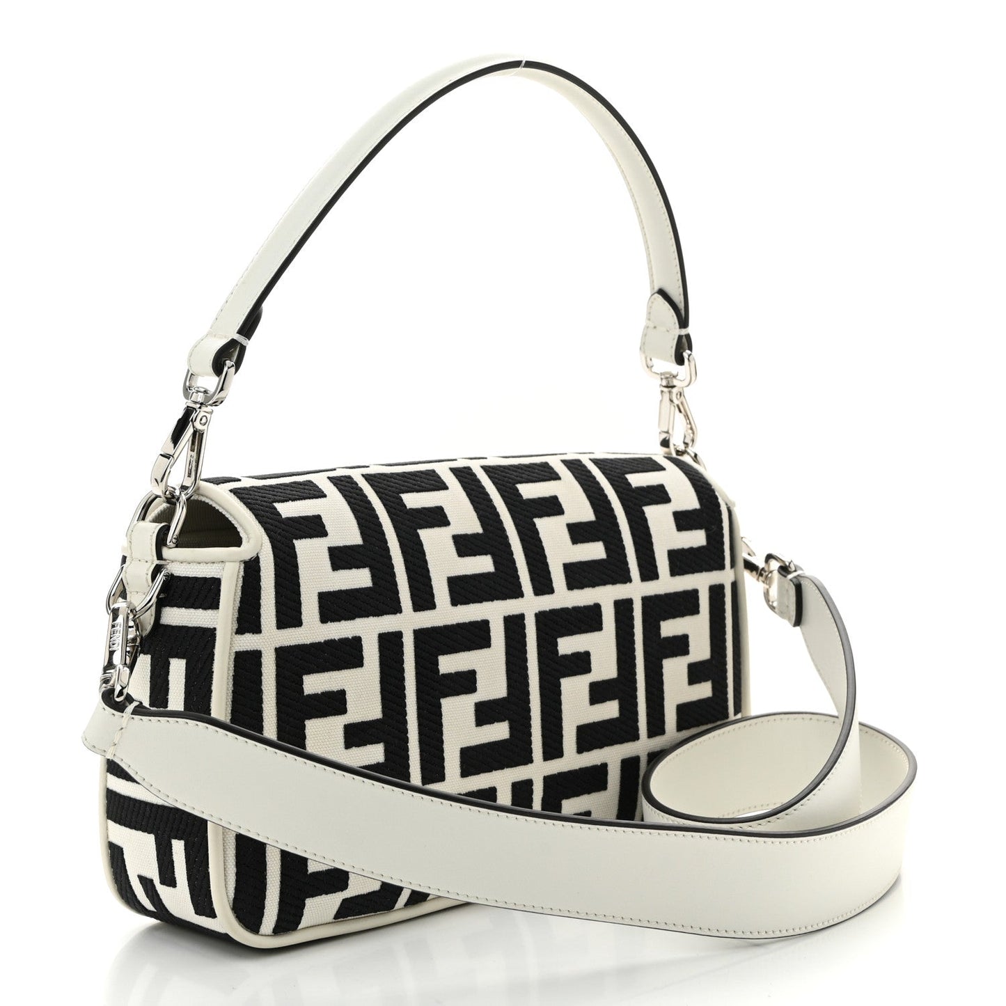 Amelia Canvas Vitello King FF Embroidered Baguette White Black