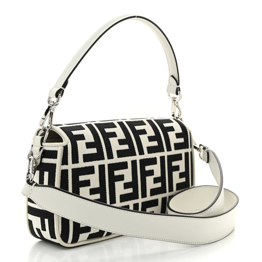Amelia Canvas Vitello King FF Embroidered Baguette White Black