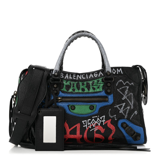 Balenciaga Agneau Graffiti All Over Classic Hardware S City Black Vert Rouge