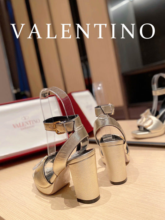 VAL -  Garavani Strap Heeled Sandals With V Logo Crystal Embellishment Gold For Women