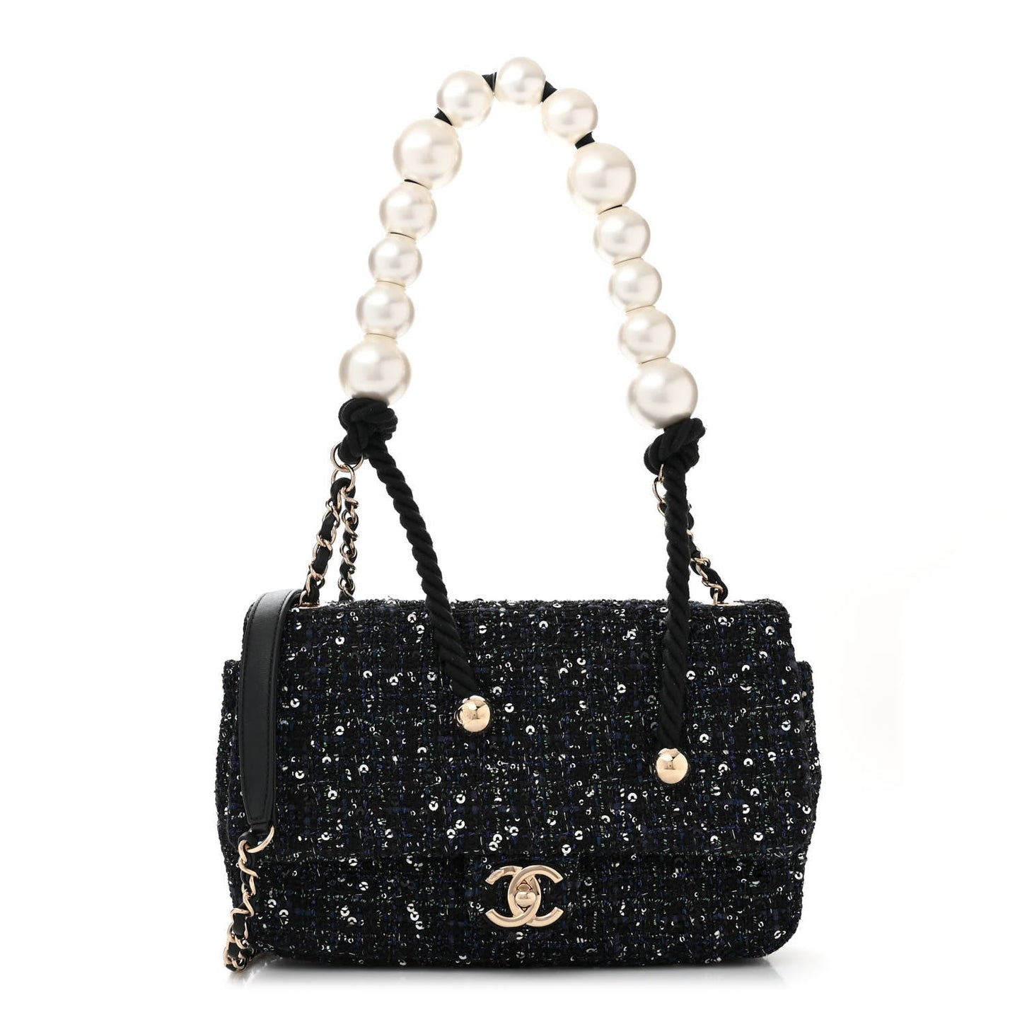 Amelia Tweed Medium Pearl Handle Flap Black Ecru