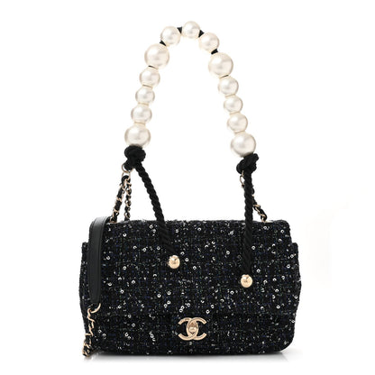 Amelia Tweed Medium Pearl Handle Flap Black Ecru