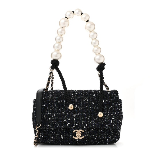 Amelia Tweed Medium Pearl Handle Flap Black Ecru