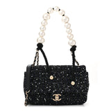 Amelia Tweed Medium Pearl Handle Flap Black Ecru