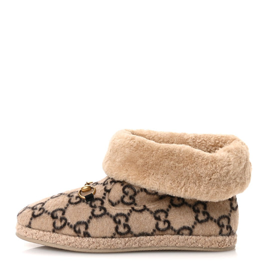 Amelia Covered Wool GG Monogram Mens Fria Horsebit Ankle Boots 9 Beige Ebony Butterscotch
