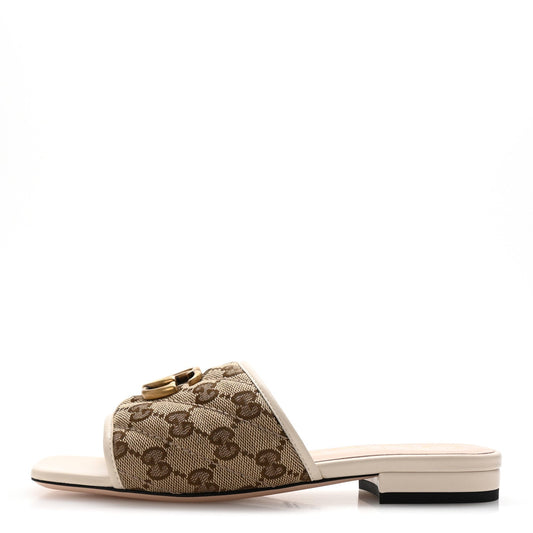 Amelia Monogram Matelasse Diagonal GG Marmont Flat Slide Sandals 35 Beige Ebony Mystic White