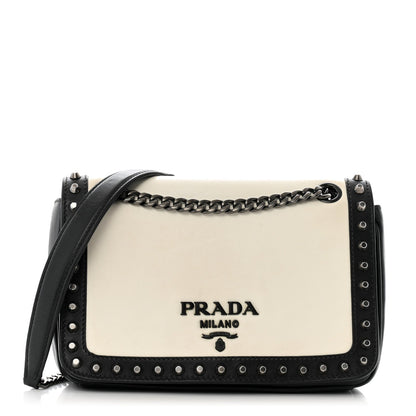 Prada Glace Calfskin Studded Crossbody White Black