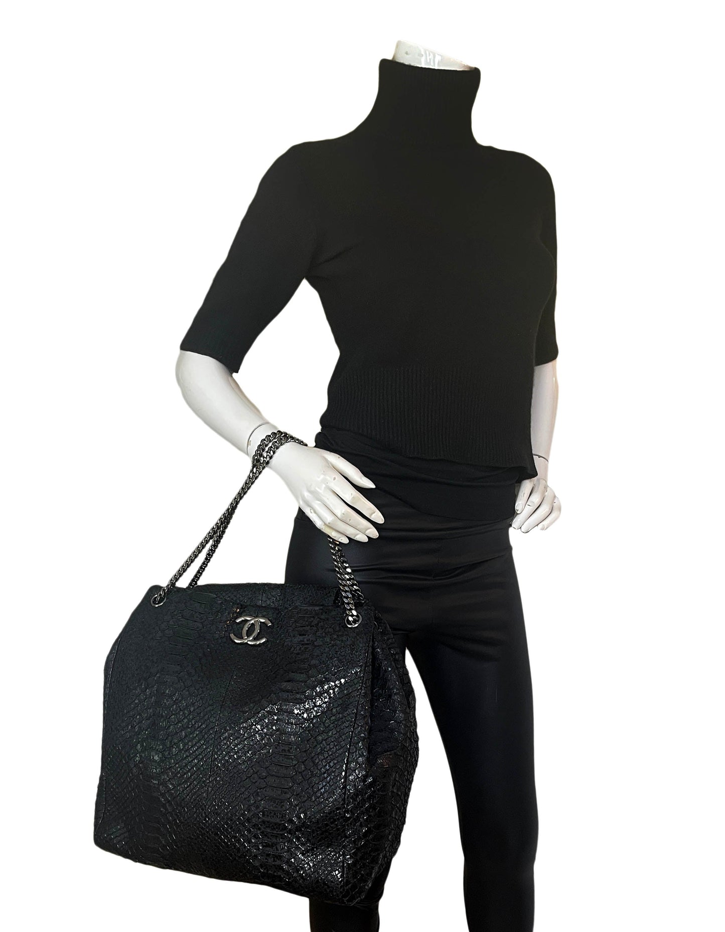Chanel Black Python CC Accordion Large Chain Tote Bag