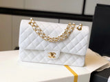 CHL -  Classic Medium Flapbag Golden Hardware White 10in/25.5cm