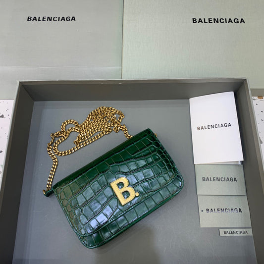 BLN-Ciaga Croc Embossed Patent B Bag With Chain In Green, For Women,  Bags 7.9in/20cm