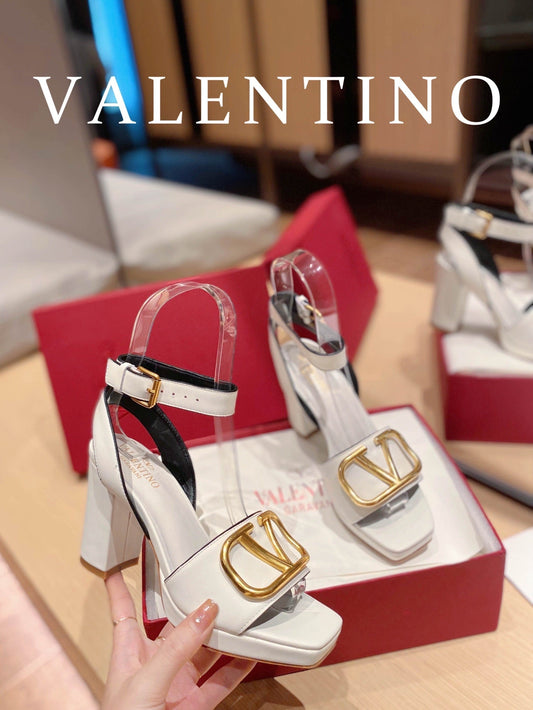 VAL -  Garavani Strap Heeled Sandals With V Logo Signature Embellishment White For Women