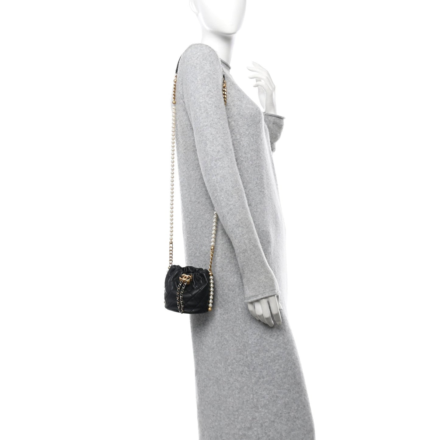 Amelia Calfskin Quilted Pearl Mini About Pearls Drawstring Bucket Bag Black