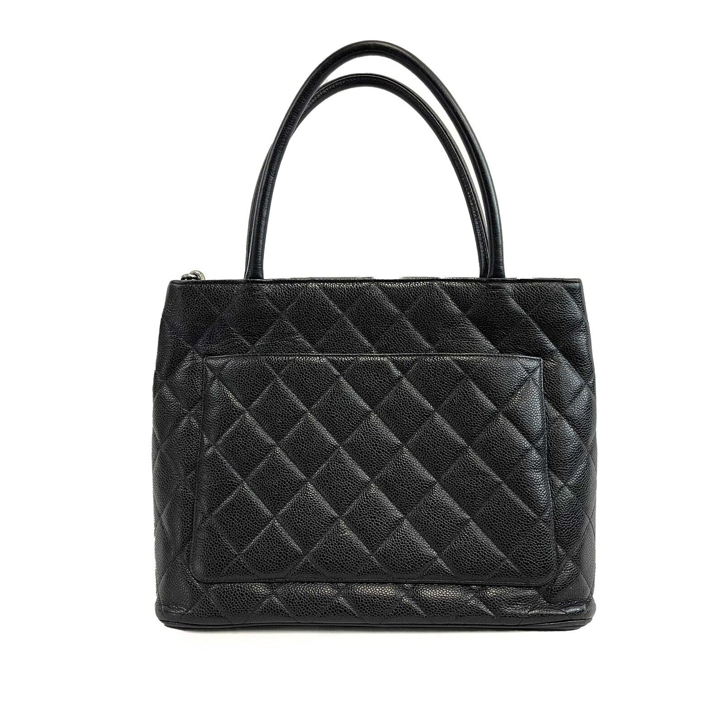 CHANEL CC Medallion Black Diamond Quilted Caviar Leather Tote / Shoulder Bag