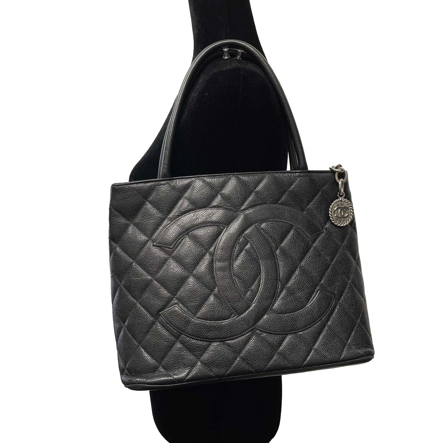 CHANEL CC Medallion Black Diamond Quilted Caviar Leather Tote / Shoulder Bag