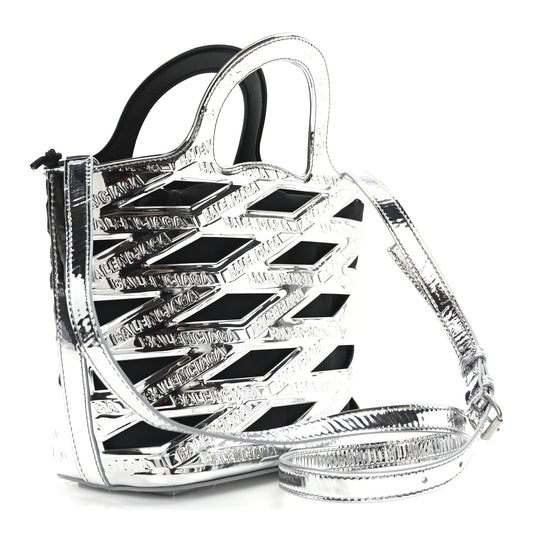 Balenciaga Patent Metallic Calfskin Small Neo Basket Tote Silver