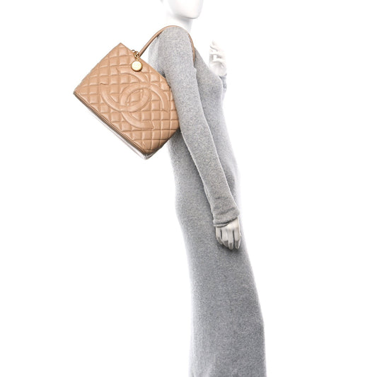 Amelia Caviar Quilted Medallion Tote Beige