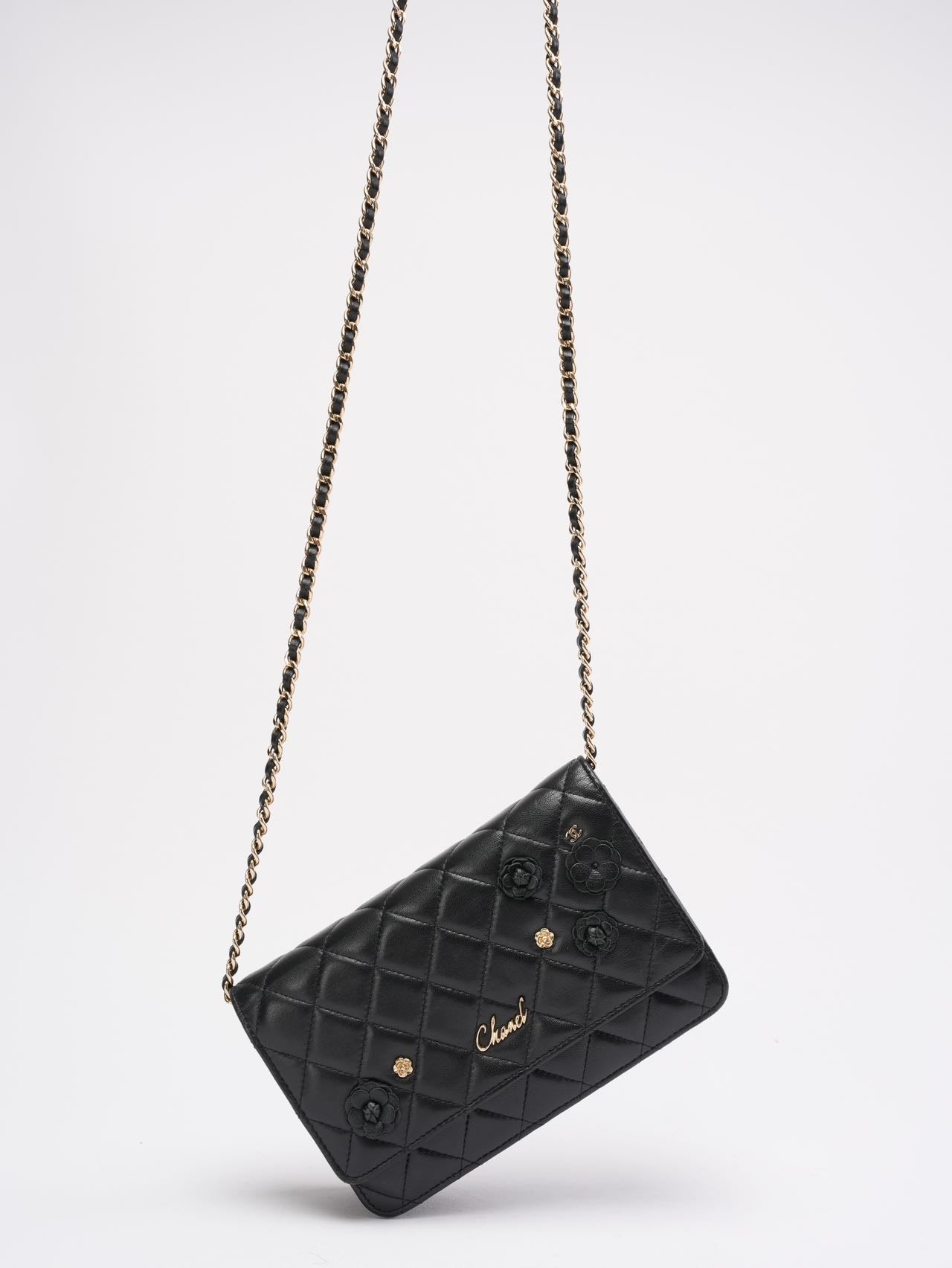 Chanel Wallet on Chain Black with Camélia Charms 2019