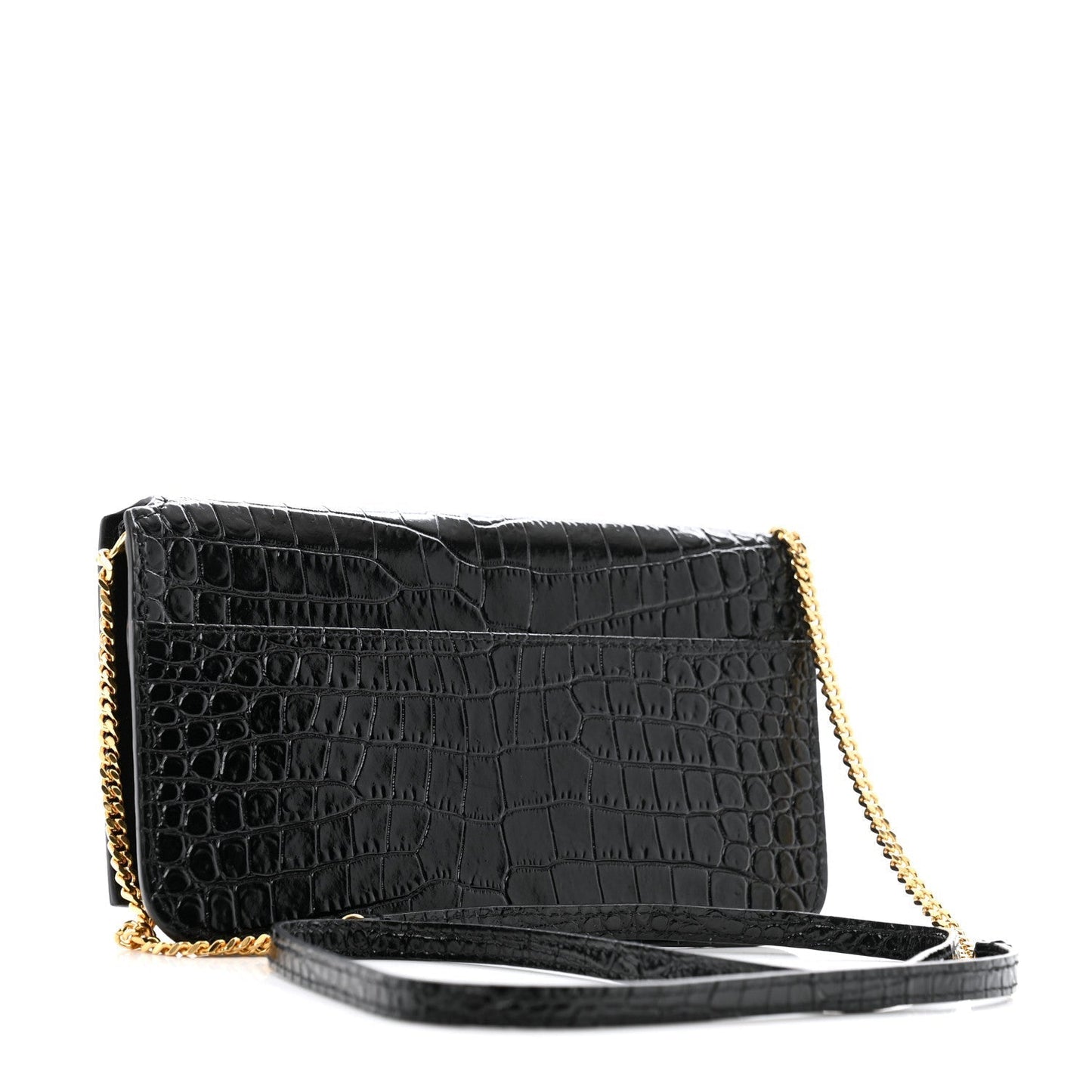 Saint Laurent Crocodile Embossed Monogram Phone Holder Crossbody Black