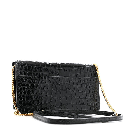 Saint Laurent Crocodile Embossed Monogram Phone Holder Crossbody Black