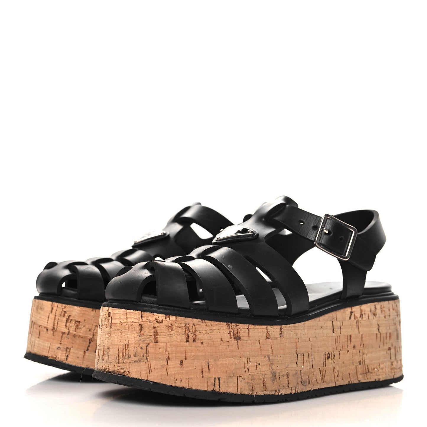Prada Rubber Soft Cork Triangle Fisherman 75mm Platform Sandals 37 Black