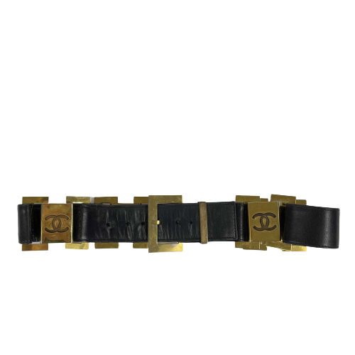 CHANEL   1980's Black Leather and Gold Buckle CC Link Belt