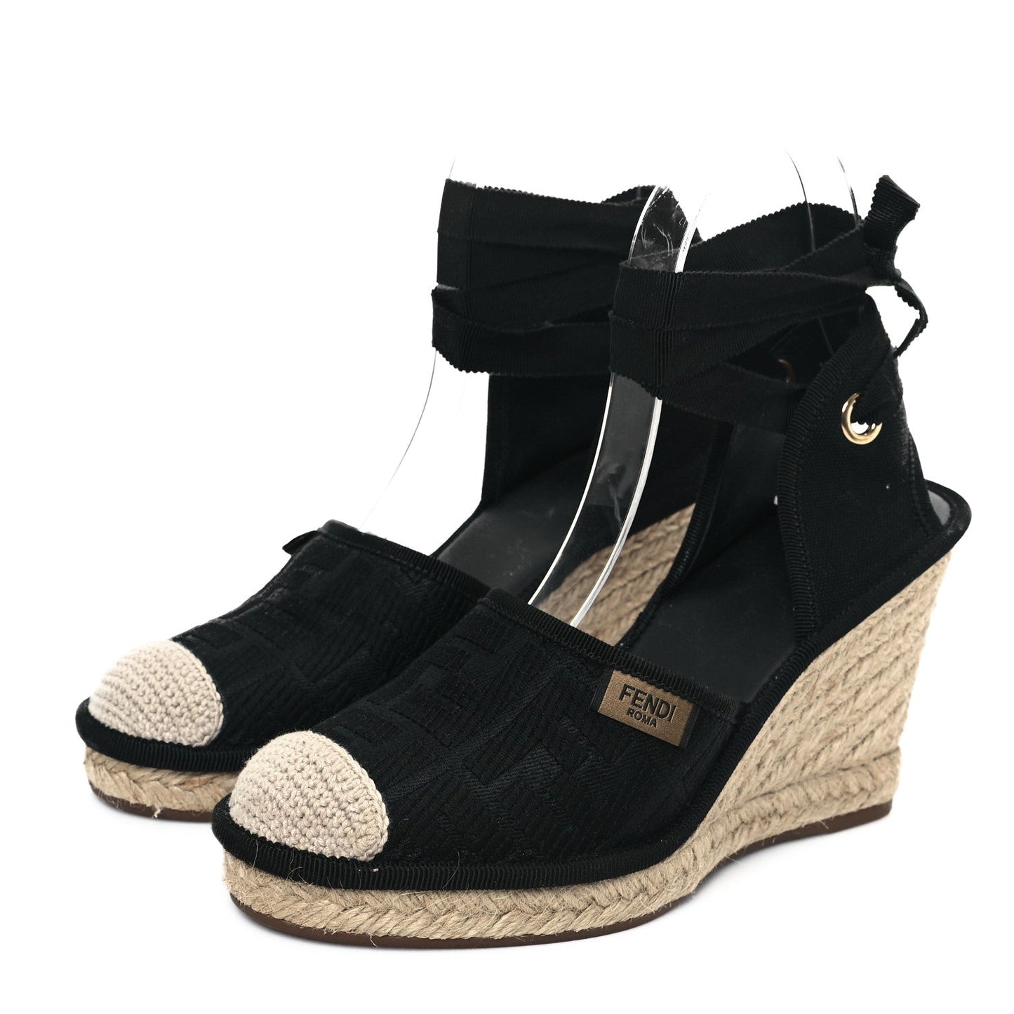 Amelia Canvas FF Embroidered Roma Ankle Wrap Wedge Espadrilles 36 Black