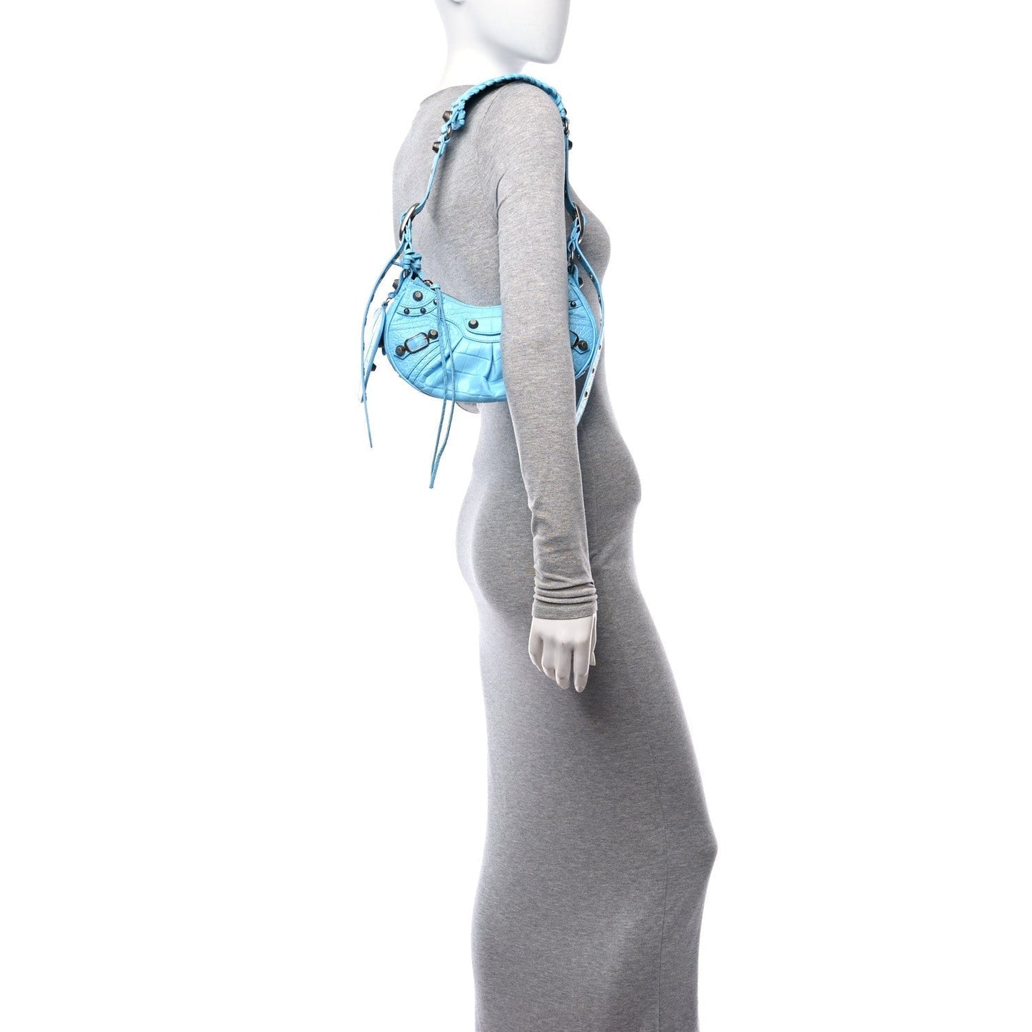 Balenciaga Extra Supple Calfskin Crocodile Embossed Le Cagole Shoulder Bag XS Sky Blue