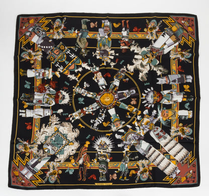 Hermes Black Silk Kachinas Scarf